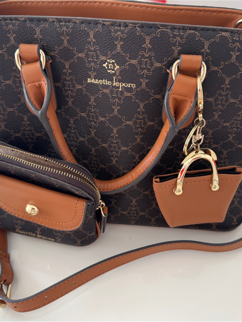 Nanette Lepore Brown & Tan Monogram Satchel with Pouch